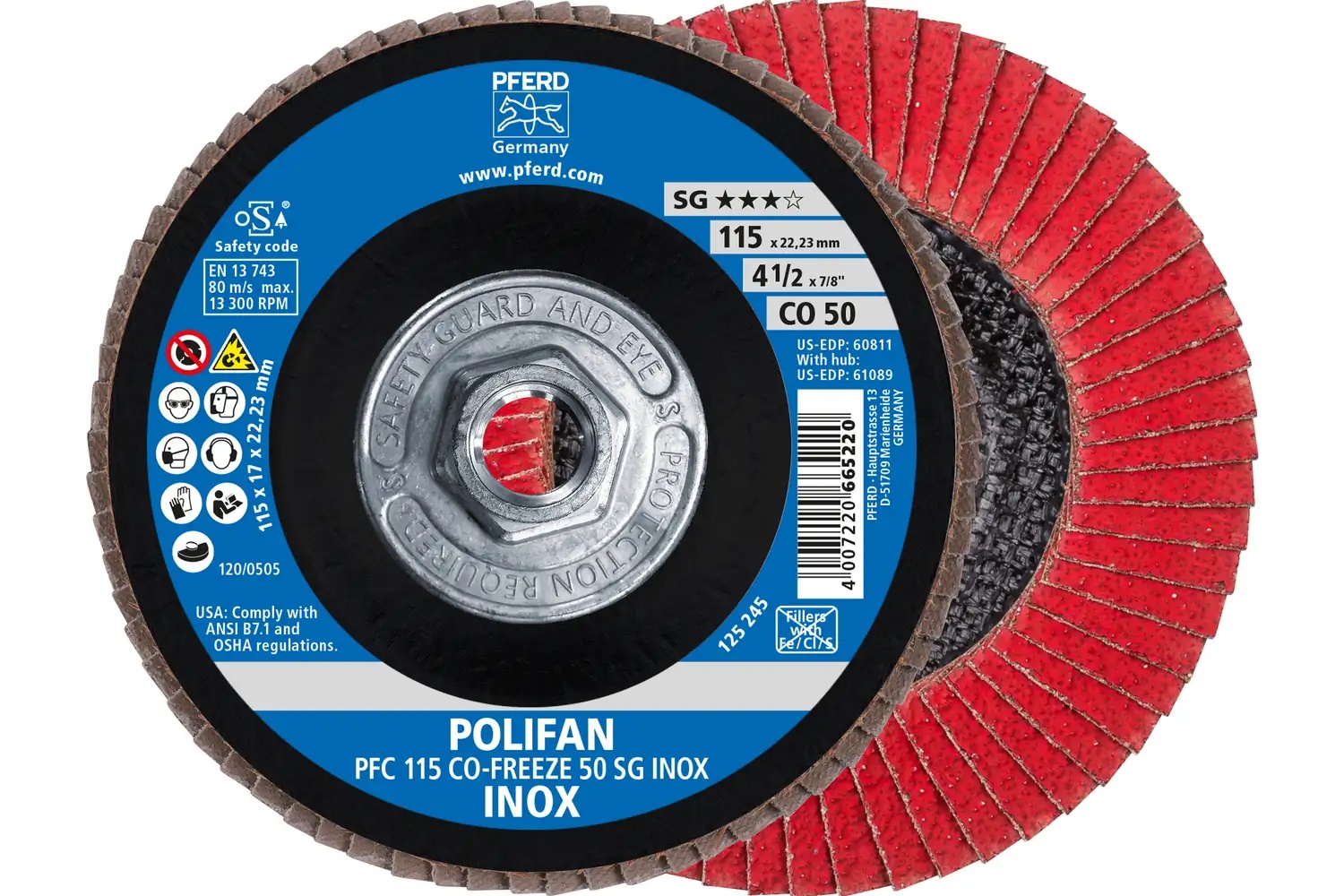 Picture of Pferd Flap Disc, 4-1/2" x 5/8-11, CO-Freeze SG Inox, 50 Grit, T29, Conical, Ceramic